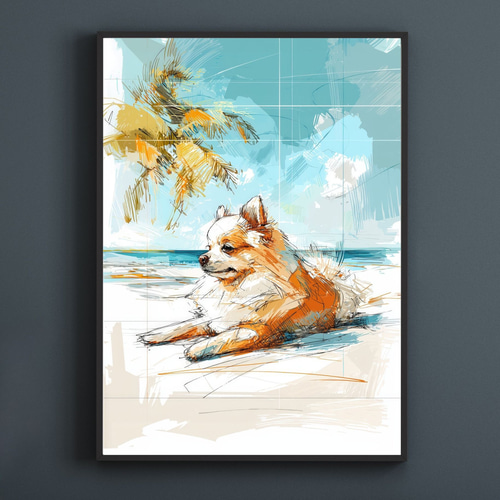 ジャックラッセルテリア犬とビーチのスケッチ No.1】海・犬の絵・犬の