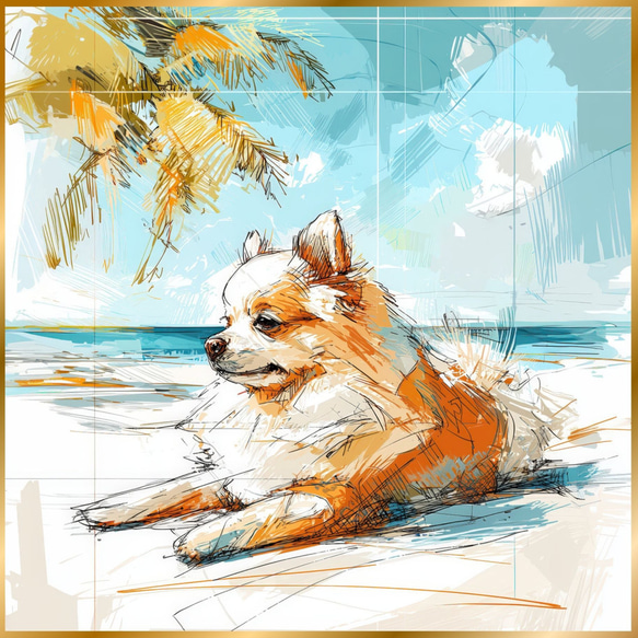 ポメラニアン犬とビーチのスケッチ No.1】海・犬の絵・犬のイラスト