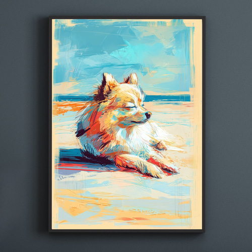 ポメラニアン犬とビーチのスケッチ No.3】海・犬の絵・犬の