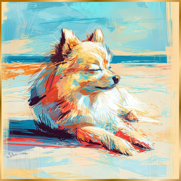 ポメラニアン犬とビーチのスケッチ No.3】海・犬の絵・犬の