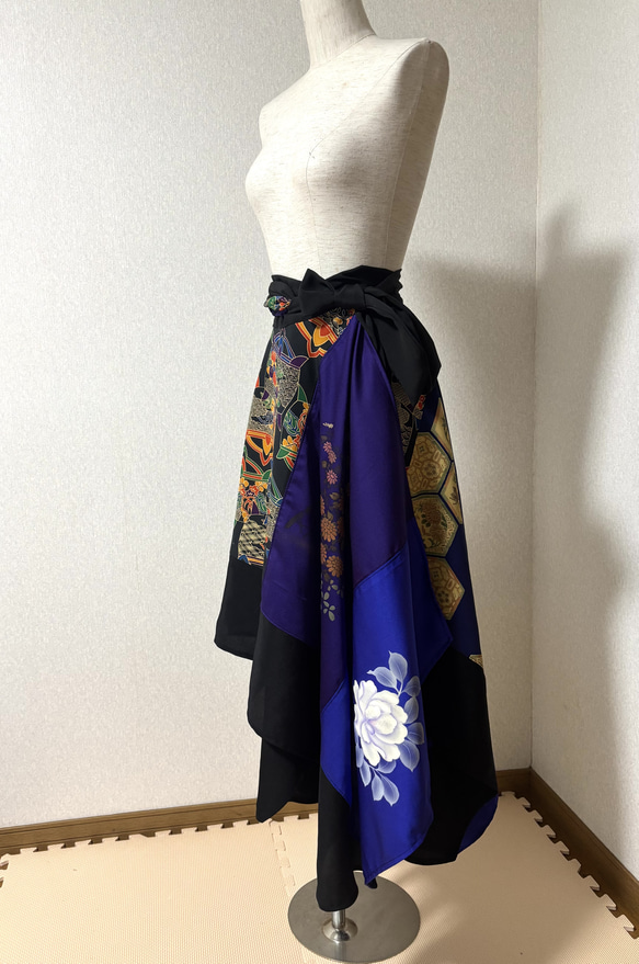 留袖スカート  着物リメイク  ストール付 着物リメイク 訪問着 小紋 黒留袖 イレギュラーヘム 巻スカート KNKN