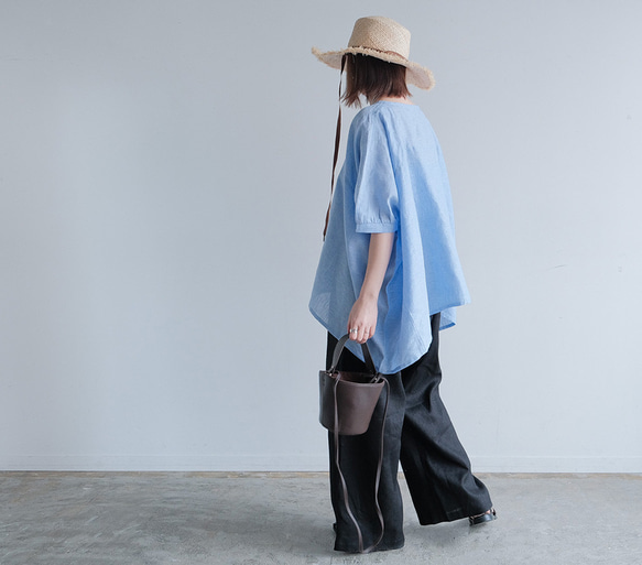 冷感｜二の腕カバー＆ゆったりシルエット｜リネン100％ブラウス｜ブルー｜夏の一枚｜T0183 9枚目の画像