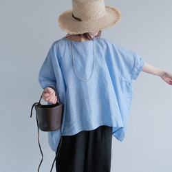 冷感｜二の腕カバー＆ゆったりシルエット｜リネン100％ブラウス｜ブルー｜夏の一枚｜T0183 3枚目の画像