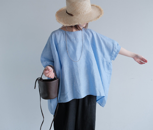 冷感｜二の腕カバー＆ゆったりシルエット｜リネン100％ブラウス｜ブルー｜夏の一枚｜T0183 3枚目の画像