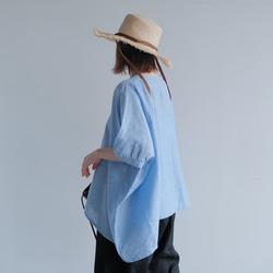 冷感｜二の腕カバー＆ゆったりシルエット｜リネン100％ブラウス｜ブルー｜夏の一枚｜T0183 4枚目の画像