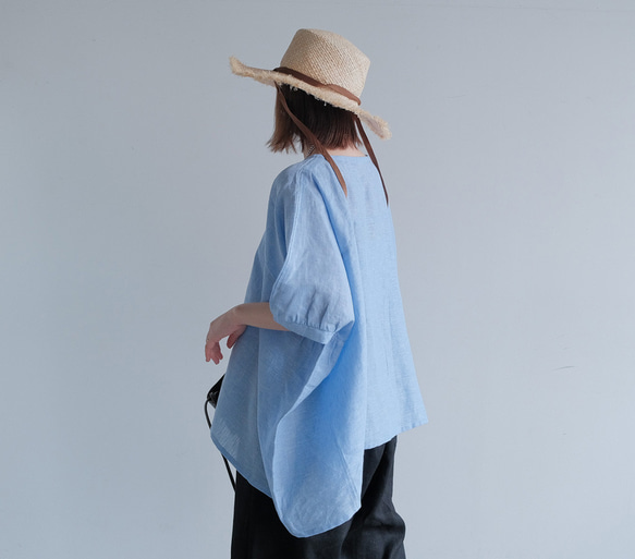 冷感｜二の腕カバー＆ゆったりシルエット｜リネン100％ブラウス｜ブルー｜夏の一枚｜T0183 4枚目の画像
