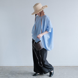冷感｜二の腕カバー＆ゆったりシルエット｜リネン100％ブラウス｜ブルー｜夏の一枚｜T0183 8枚目の画像