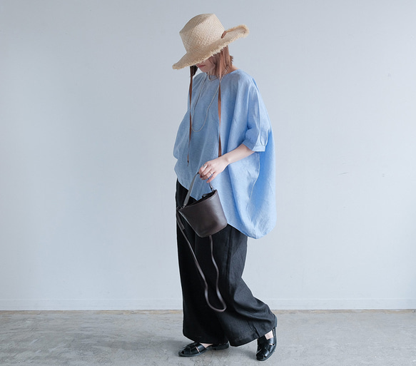 冷感｜二の腕カバー＆ゆったりシルエット｜リネン100％ブラウス｜ブルー｜夏の一枚｜T0183 8枚目の画像