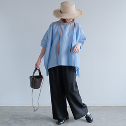 冷感｜二の腕カバー＆ゆったりシルエット｜リネン100％ブラウス｜ブルー｜夏の一枚｜T0183 6枚目の画像
