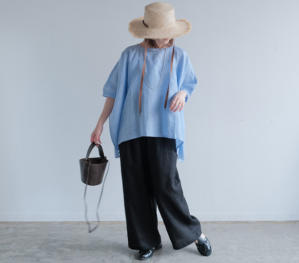 冷感｜二の腕カバー＆ゆったりシルエット｜リネン100％ブラウス｜ブルー｜夏の一枚｜T0183 6枚目の画像