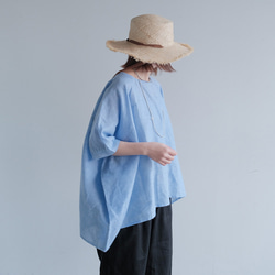 冷感｜二の腕カバー＆ゆったりシルエット｜リネン100％ブラウス｜ブルー｜夏の一枚｜T0183 5枚目の画像