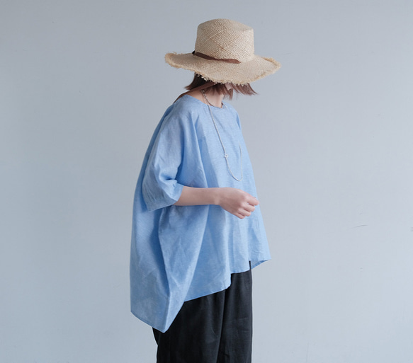冷感｜二の腕カバー＆ゆったりシルエット｜リネン100％ブラウス｜ブルー｜夏の一枚｜T0183 5枚目の画像