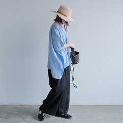 冷感｜二の腕カバー＆ゆったりシルエット｜リネン100％ブラウス｜ブルー｜夏の一枚｜T0183 7枚目の画像