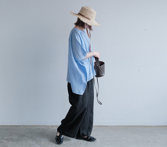 冷感｜二の腕カバー＆ゆったりシルエット｜リネン100％ブラウス｜ブルー｜夏の一枚｜T0183 7枚目の画像