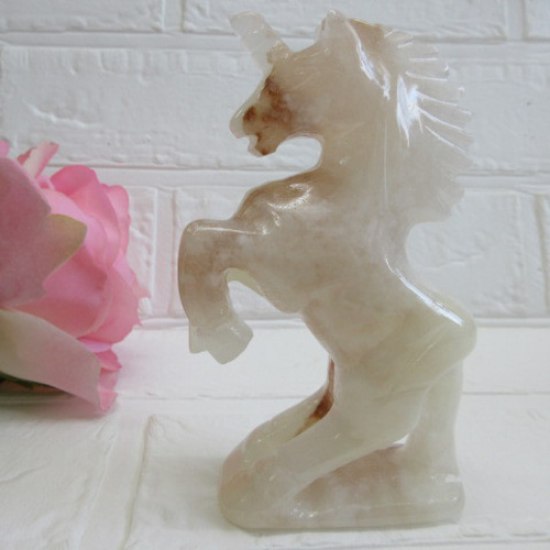 No.CR-307 天然石 ＜彫刻置物＞ オニックス ユニコーン 天然石 Rose