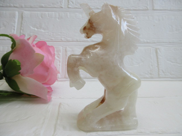 No.CR-307 天然石 ＜彫刻置物＞ オニックス ユニコーン 天然石 Rose