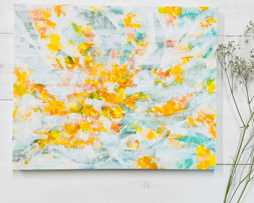 『黄金の葉』絵画 アクリル画/原画 受注制作 ☆原画☆ 春の黄色い花 アクリル画 F3キャンバス 送料無料