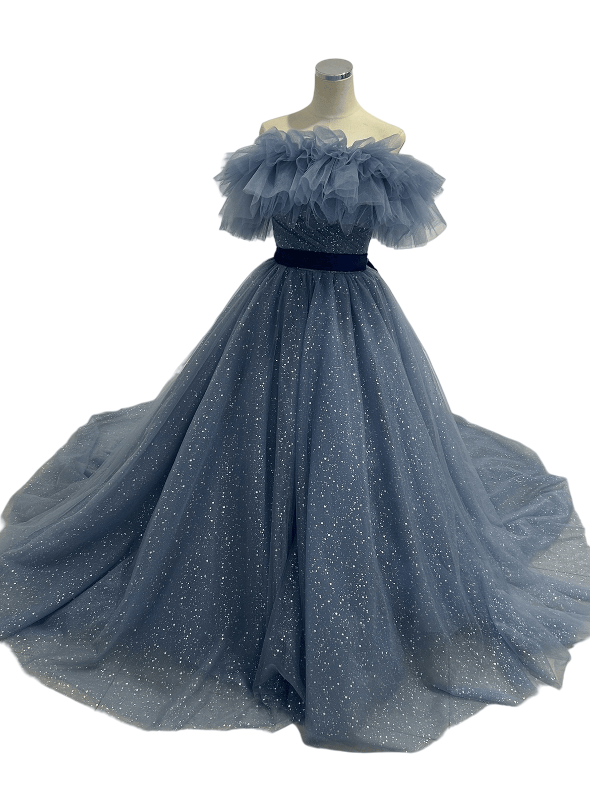 カラードレス ブルーグレー 取り外しオフショルダー キラキラグリッターチュール サッシュベルト ブライダル