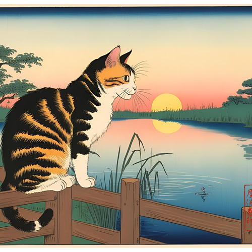 創作浮世絵和紙 三毛猫と夕日 イラスト 長門屋保寿 通販 19177836