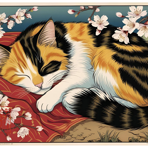 創作浮世絵和紙 夢を見る三毛猫 イラスト 長門屋保寿 通販 19177915