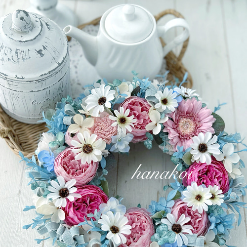 フラワーリース 青 ピンク 造花 大人可愛いピンク✖️水色の大きなリース 母の日ギフト、誕生日、新築