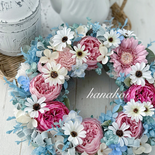 大人可愛いピンク✖️水色の大きなリース 母の日ギフト、誕生日、新築