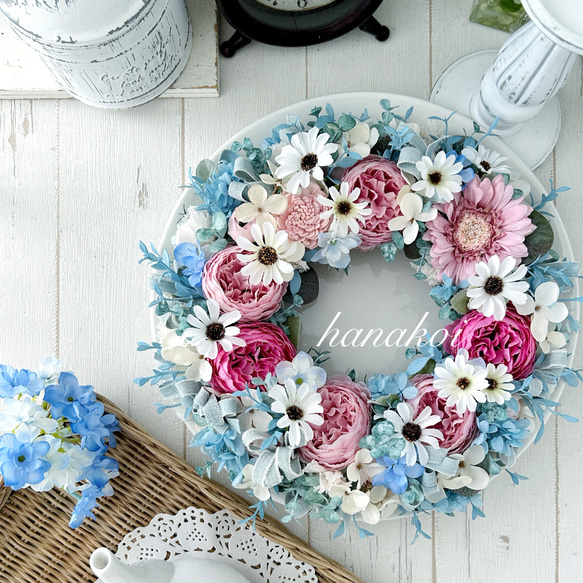 大人可愛いピンク✖️水色の大きなリース 母の日ギフト、誕生日、新築