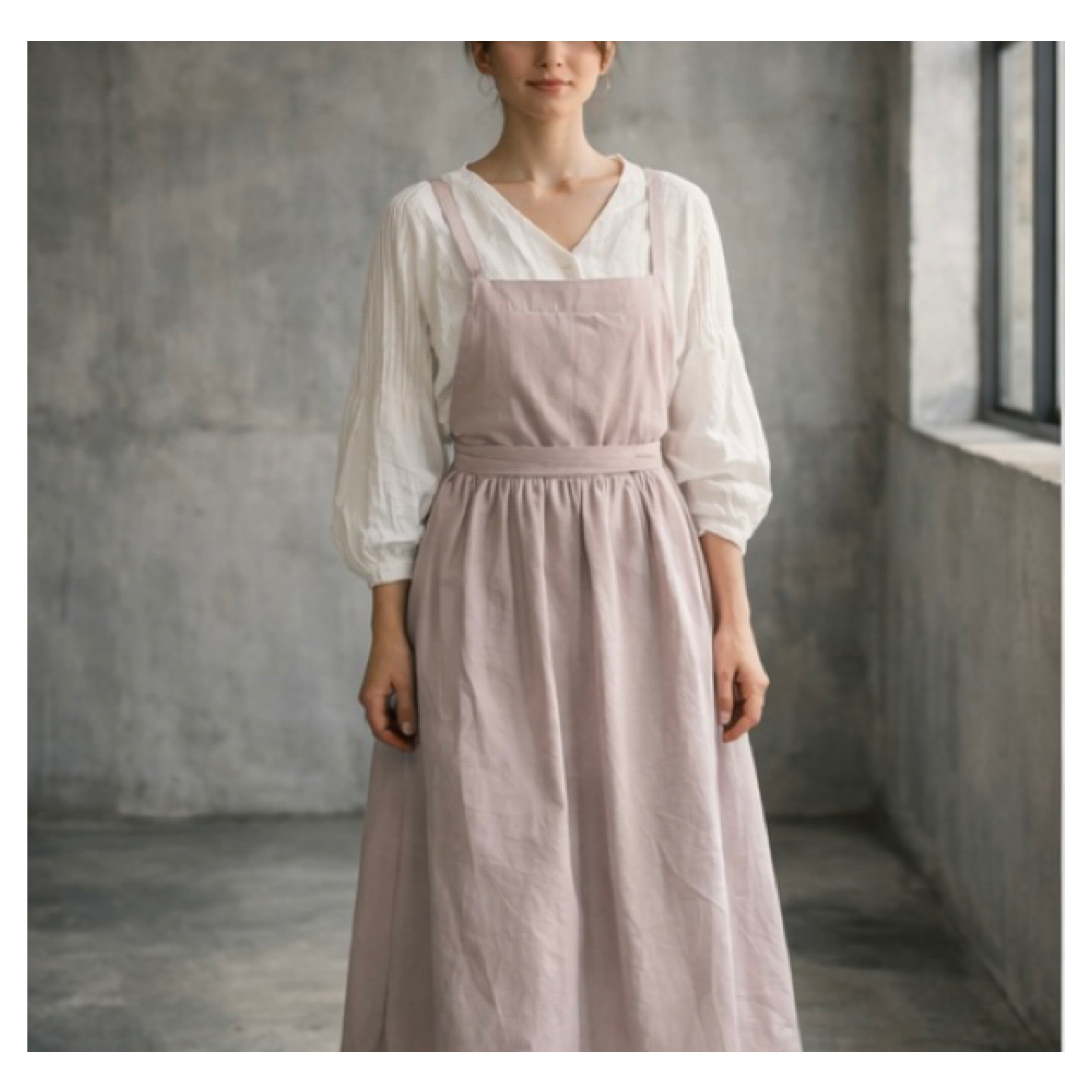 そのままお出かけリネンエプロン／おうち時間もお洒落に過ごす柔らかコットンリネンヴィンテージ加工ギャザーエプロン／ピンク