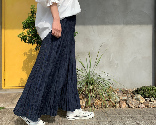 ベイクド・クリンクル・デニムスカート】総丈90cm フレアスカート