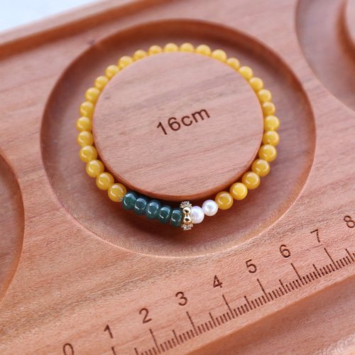 蜜蝋ブレスレット | 翡翠＆パール＆金メッキアクセント NX-3905