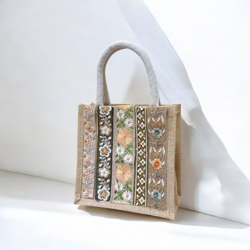 美品　大きめ　ビジュー　リボン　ビーズ　刺繍　カゴバッグ　インポート　大きめ カバン バッグ トートバッグ カゴバッグ ジュートバッグ インド