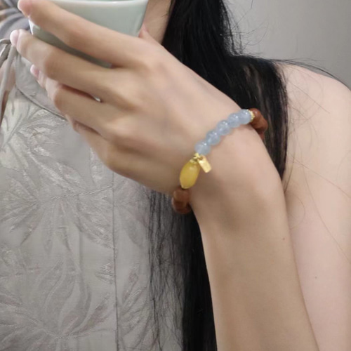 NX-4148｜芭比檀ウッドブレスレット | アクアマリン＆蜜蝋ポイント付き