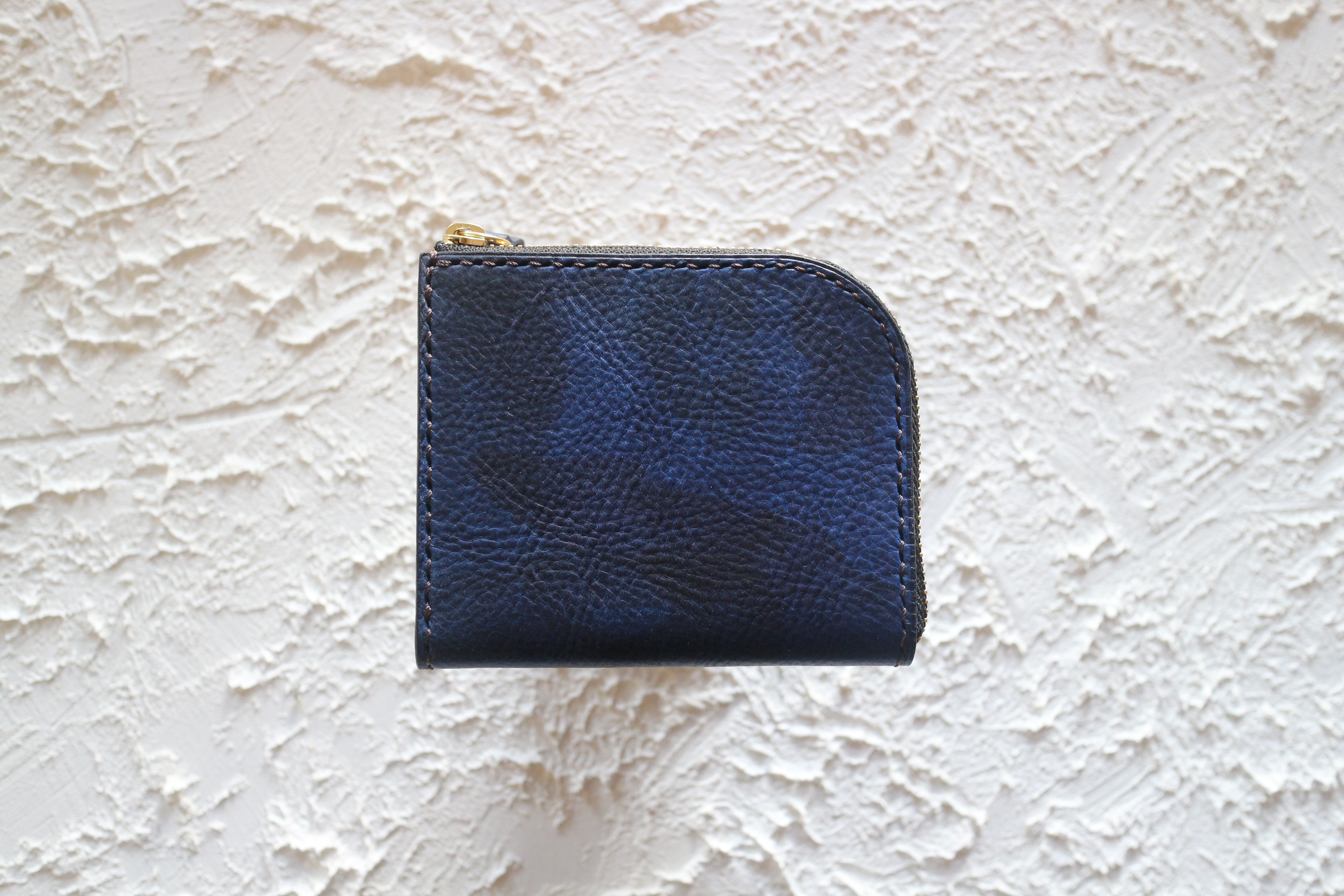 【一点物即納品】L字ファスナー小さい財布 ～イタリアン迷彩ヌメブルー×イタリアンバケッタ～