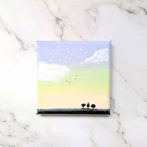 原画『朝の光は希望のはじまり』ミニキャンバス 朝日 空 木 鳥