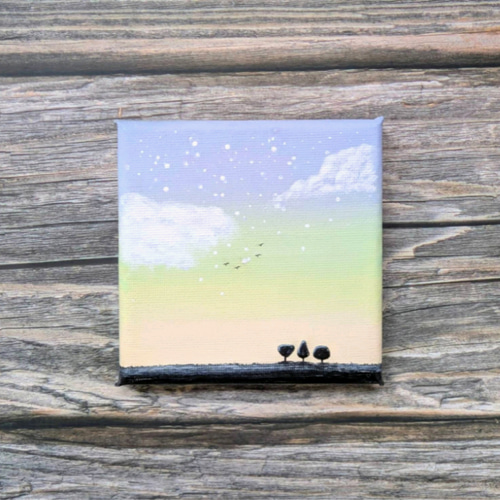 原画『朝の光は希望のはじまり』ミニキャンバス 朝日 空 木 鳥