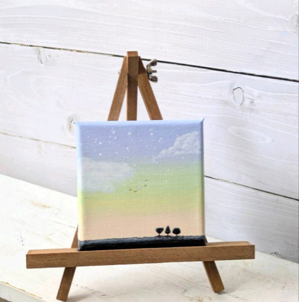 原画『朝の光は希望のはじまり』ミニキャンバス 朝日 空 木 鳥 絵 絵画