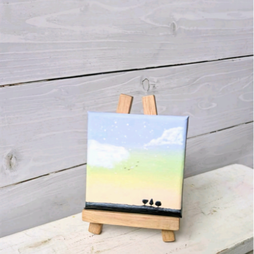 原画『朝の光は希望のはじまり』ミニキャンバス 朝日 空 木 鳥