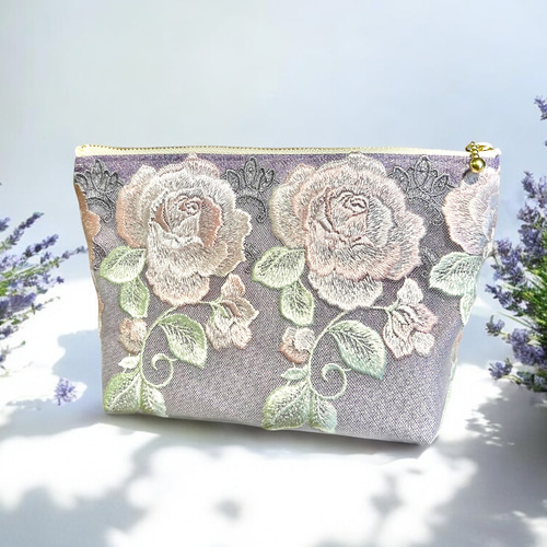 煌めきレース刺繍ポーチseries〜×花柄 マチ付・マチなし選択できます