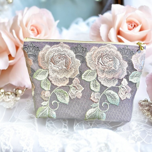 Posh 花柄刺繍ポーチ 煌めきレース刺繍ポーチseries〜×花柄 マチ付・マチなし選択できます