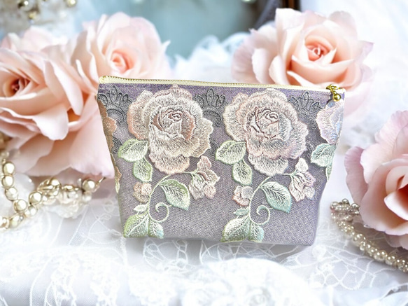 花柄刺繍ポーチ 煌めきレース刺繍ポーチseries〜×花柄 マチ付・マチなし選択できます