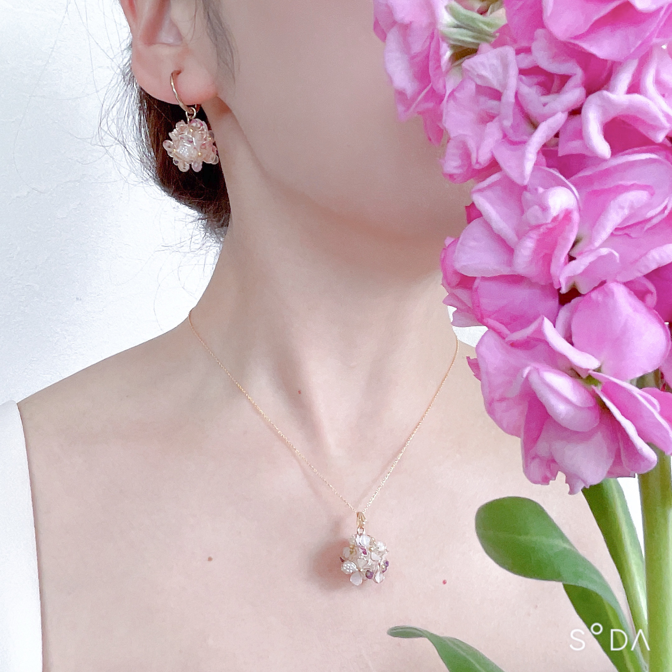 【春色新作2026】桜色Flower ball necklace（アリッサム＆パール）14kgf 母の日