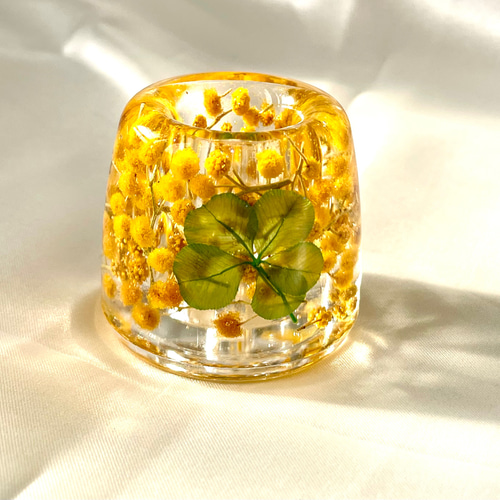 ✨ ミモザと五つ葉クローバー✨幸せを届けるハーバリウムペン立て✨ L