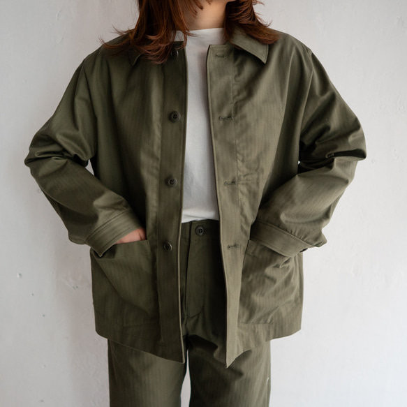 cotton herringbone coverall jacket/olive drab 8枚目の画像