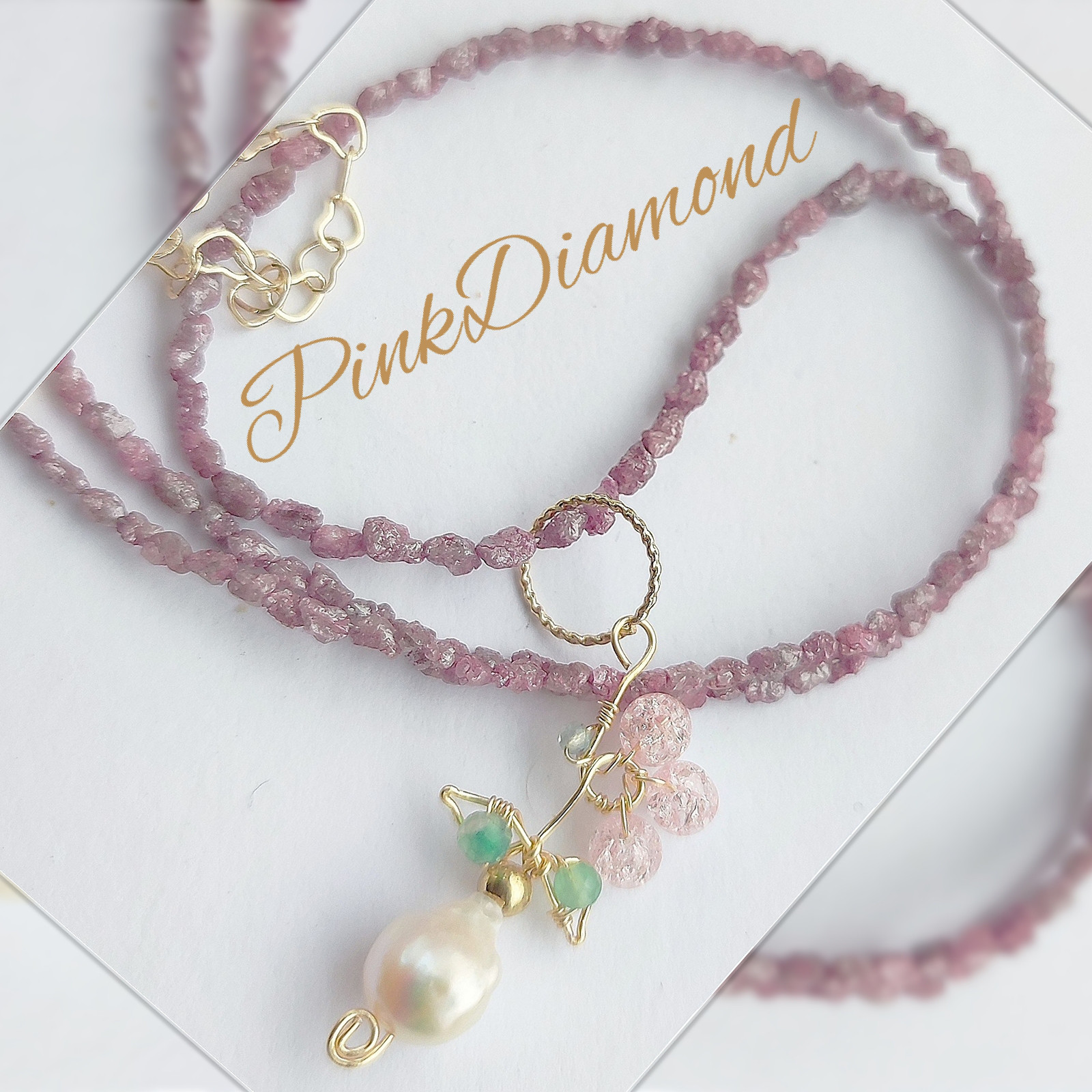 14Kgf 貴重 稀少色　ピンク　ダイヤモンド　原石　ネックレス 男女兼用　誕生石　贈り物