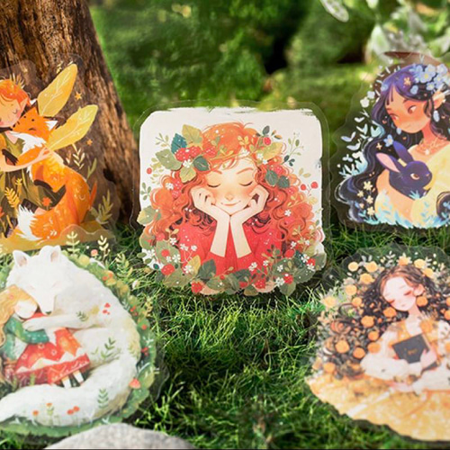 コラージュ 素材 6種 癒しの森 ステッカー PET 人物 動物 まとめ売り