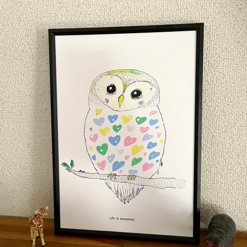 ふくろうの絵 ハートの森のふくろう オリジナルイラストポスター A4/B4/A3 イラスト