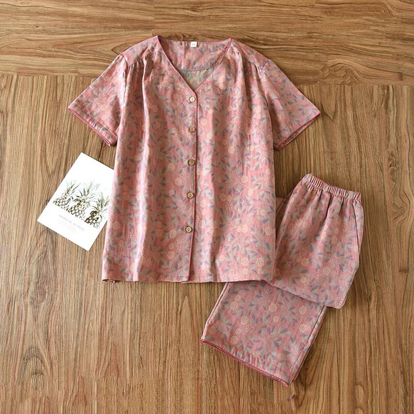 パジャマ夏春秋半袖上下セットレディース綿100%先染め7分パンツ 1枚目の画像