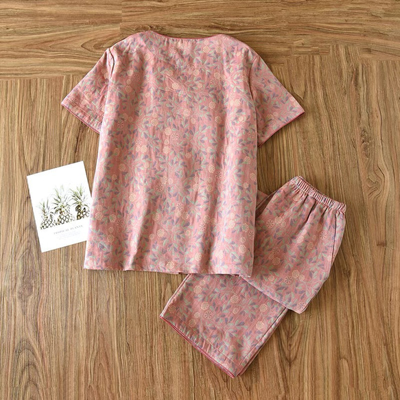 パジャマ夏春秋半袖上下セットレディース綿100%先染め7分パンツ 7枚目の画像