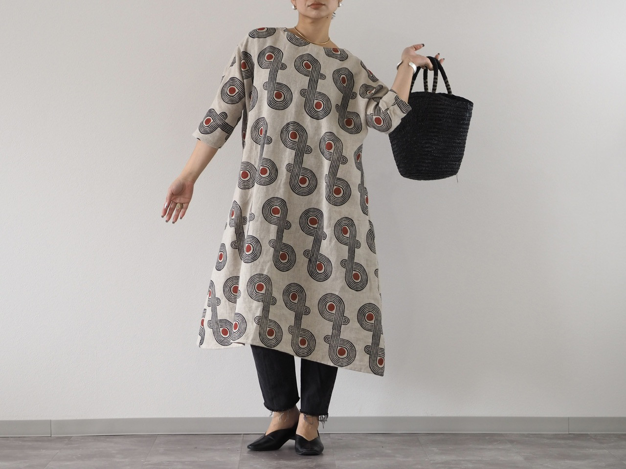 ブロックプリント/総柄リネンワンピース②