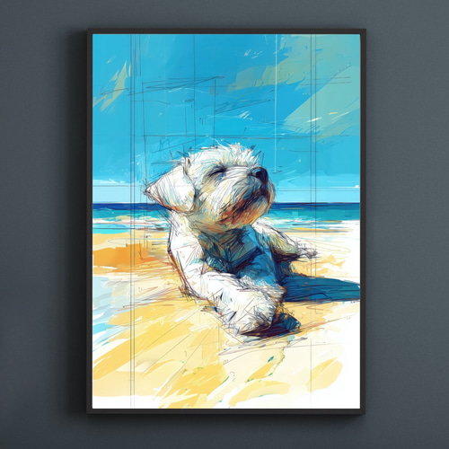 マルチーズ犬とビーチのスケッチ No.2】海・犬の絵・犬の